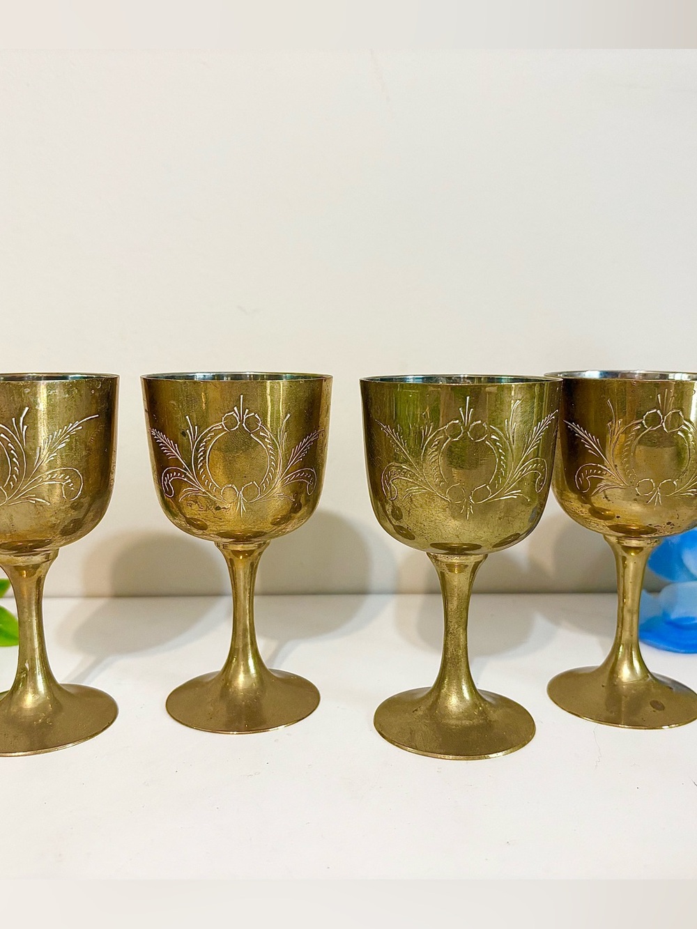 Vintage Engraved Brass Goblet Set of 4-Antique Etched Floral Leaf Wine Glasses
